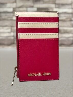 Michael Kors Card Case Wallet Top Zip Slim Electric Pink & White